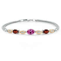 925 Silver and 10K Yellow Gold Pink Created Sapphire and Red Garnet and White Lab Grown Diamond Bracelet for Women (2.10 Cttw, Gemstone September Birthstone, Oval, Wheat Chain, 6.5 inches)