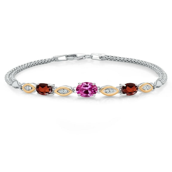 925 Silver and 10K Yellow Gold Pink Created Sapphire and Red Garnet and White Lab Grown Diamond Bracelet for Women (2.10 Cttw, Gemstone September Birthstone, Oval, Wheat Chain, 7 inches)