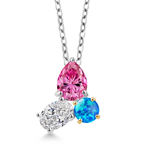 925 Silver and 10K Yellow Gold Pink Moissanite Lab Grown Diamond and Simulated Blue Opal Pendant Necklace for Women | 2.32 Cttw | Pear Shape 8X6MM | Oval 7X5MM | Round 5MM | with 18 inch Chain