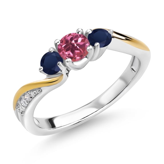 Gem Stone King 925 Silver and 10K Yellow Gold Pink Tourmaline Blue Sapphire and White Lab Grown Diamond 3 Stone Engagement Ring for Women (0.58 Cttw, October Birthstone, Size 8)