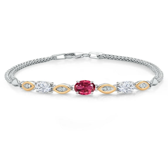 925 Silver and 10K Yellow Gold Pink Tourmaline and White Moissanite and White Lab Grown Diamond Bracelet for Women (1.91 Cttw, Gemstone October Birthstone, Oval, Wheat Chain, 6.5 inches)