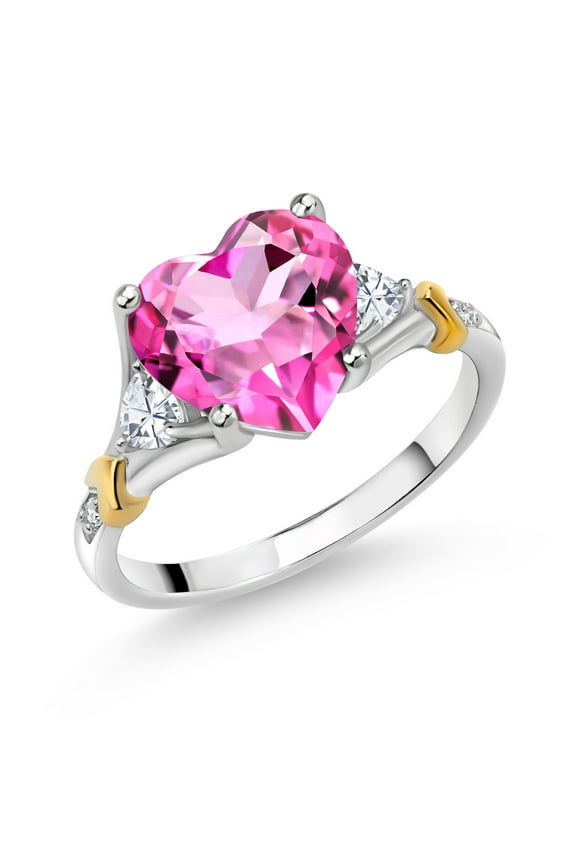 925 Silver and 10K Yellow Gold Pure Pink Mystic Topaz and White Moissanite and White Diamond Engagement Ring for Women | 4.84 Cttw | Heart Shape 10MM | Gemstone November Birthstone | Size 5