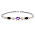 thumbnail image 1 of 925 Silver and 10K Yellow Gold Purple Amethyst and Black Onyx and White Lab Grown Diamond Bracelet for Women (1.61 Cttw, Gemstone February Birthstone, Oval Checkerboard, Wheat Chain, 7 inches), 1 of 5
