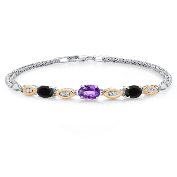 925 Silver and 10K Yellow Gold Purple Amethyst and Black Onyx and White Lab Grown Diamond Bracelet for Women (1.61 Cttw, Gemstone February Birthstone, Oval Checkerboard, Wheat Chain, 7 inches)