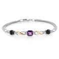 thumbnail image 1 of 925 Silver and 10K Yellow Gold Purple Amethyst and Black Onyx and White Lab Grown Diamond Bracelet for Women (1.85 Cttw, February Birthstone, Cushion Checkerboard 6MM, 6.5 inches, Made in Italy), 1 of 4