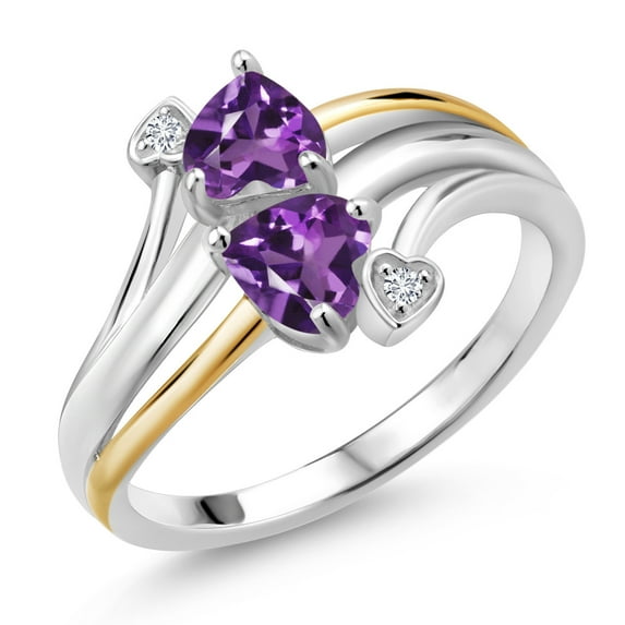 Gem Stone King 925 Silver and 10K Yellow Gold Purple Amethyst and Lab Grown Diamond 2 Heart Promise Couple Engagement Mother Ring for Women | 0.86 Cttw | Gemstone Birthstone (Size 5)