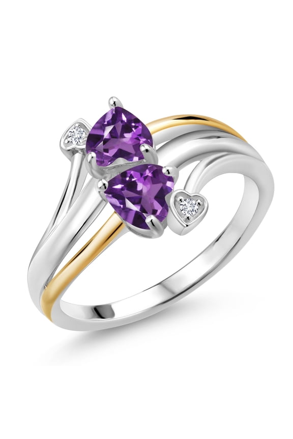 925 Silver and 10K Yellow Gold Purple Amethyst and Lab Grown Diamond 2 Heart Promise Couple Engagement Mother Ring for Women | 0.86 Cttw | Gemstone Birthstone (Size 6)