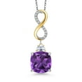 thumbnail image 1 of 925 Silver and 10K Yellow Gold Purple Amethyst and Moissanite and Lab Grown Diamond Pendant Necklace for Women | 6.63 Cttw | Gemstone February Birthstone | Cushion 12MM | With 18 inch Chain, 1 of 6