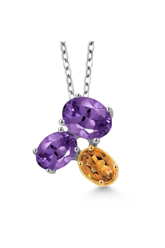925 Silver and 10K Yellow Gold Purple Amethyst and Orange Red Madeira Citrine Pendant Necklace for Women (2.30 Cttw, Oval 8X6MM, 7X5MM and 6X4MM, Gemstone February Birthstone, with 18 inch Chain)