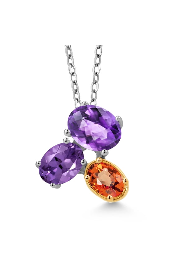 925 Silver and 10K Yellow Gold Purple Amethyst and Orange Sapphire Pendant Necklace for Women (2.50 Cttw, Oval Checkerboard 8X6MM, 7X5MM and 6X4MM, Gemstone February Birthstone, with 18 inch Chain)