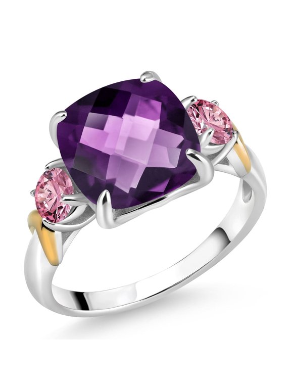 925 Silver and 10K Yellow Gold Purple Amethyst and Pink Lab Grown Diamond 3 Stone Ring for Women (3.50 Cttw, Gemstone Birthstone, Cushion Checkerboard 10MM, Round 4MM, Size 8)