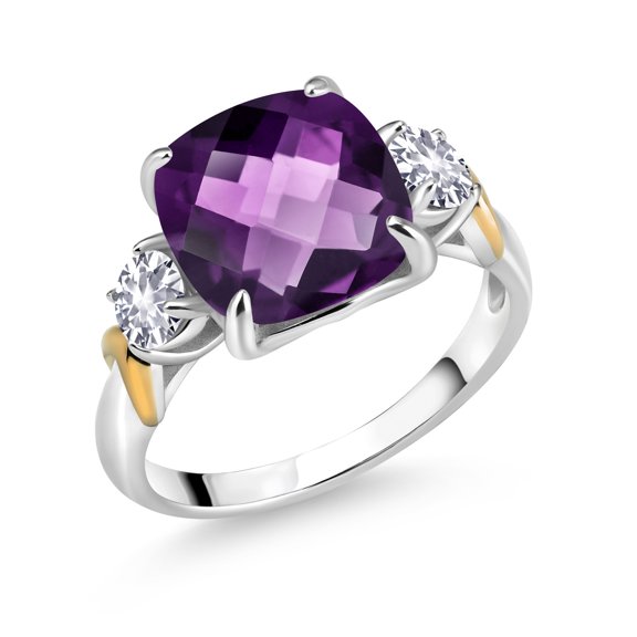 Gem Stone King 3.50 Cttw Purple Amethyst and White Created Sapphire 3 Stone Ring for Women | 925 Silver and 10K Yellow Gold | Gemstone Birthstone | Cushion Checkerboard 10MM | Round 4MM | Size 7
