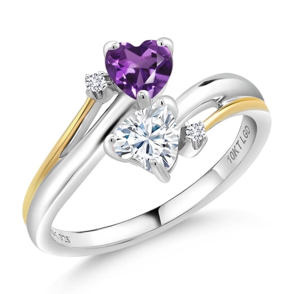 925 Silver and 10K Yellow Gold Purple Amethyst White Moissanite and White Lab Grown Diamond 2 Heart Promise Couple Engagement Mother Ring (0.94 Cttw, Birthstone, Available in Size 5, 6, 7, 8, 9)