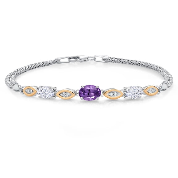 925 Silver and 10K Yellow Gold Purple Amethyst and White Moissanite and White Lab Grown Diamond Bracelet for Women (1.81 Cttw, Gemstone February Birthstone, Oval, Wheat Chain, 6.5 inches)