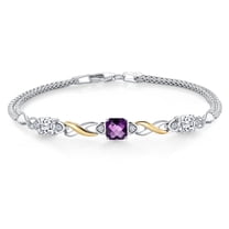 925 Silver and 10K Yellow Gold Purple Amethyst and White Moissanite and White Lab Grown Diamond Bracelet for Women (2.05 Cttw, February Birthstone, Cushion Checkerboard 6MM, 7.5 inches, Made in Italy)