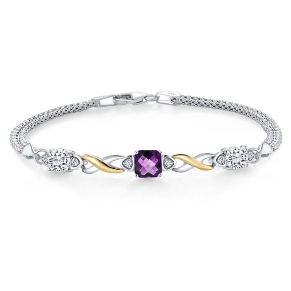 925 Silver and 10K Yellow Gold Purple Amethyst and White Moissanite and White Lab Grown Diamond Bracelet for Women (2.05 Cttw, February Birthstone, Cushion Checkerboard 6MM, 7.5 inches, Made in Italy)