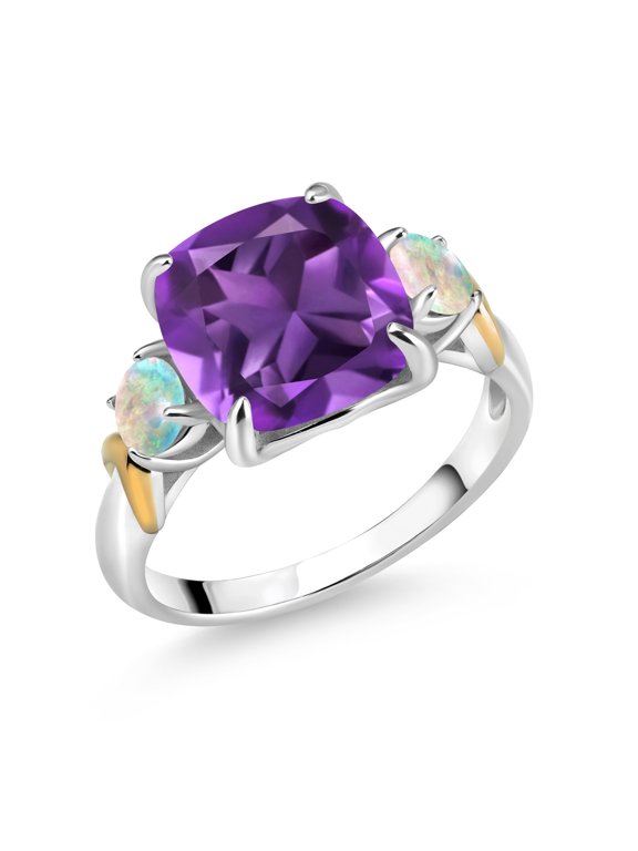 925 Silver and 10K Yellow Gold Purple Amethyst and White Opal 3 Stone Ring for Women (3.50 Cttw, Gemstone February Birthstone, Cushion 10MM, Round Cabochon 4MM, Size 5)