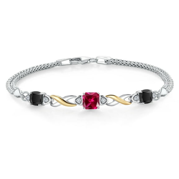 925 Silver and 10K Yellow Gold Red Created Ruby and Black Onyx and White Lab Grown Diamond Bracelet for Women (2.15 Cttw, Gemstone July Birthstone, Cushion 6MM, 7 inches, Made in Italy)