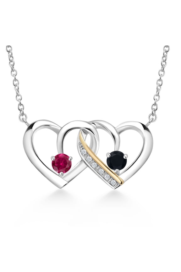 925 Silver and 10K Yellow Gold Red Created Ruby and Black Onyx and Lab Grown Diamond Necklace Necklace for Women | 0.50 Cttw | Gemstone July Birthstone | Round 4MM | With 18 inch Chain
