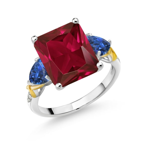 Gem Stone King 925 Silver and 10K Yellow Gold Red Created Ruby Blue Created Sapphire and Diamond 3 Stone Ring for Women (6.80 Cttw, Gemstone July Birthstone, Emerald Cut 12X10MM, Size 8)