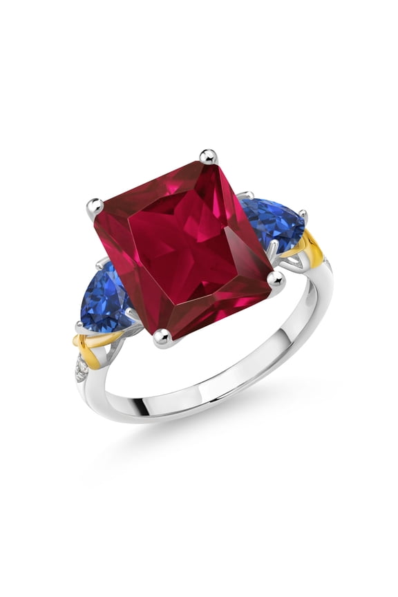 925 Silver and 10K Yellow Gold Red Created Ruby Blue Created Sapphire and Diamond 3 Stone Ring for Women (6.80 Cttw, Gemstone July Birthstone, Emerald Cut 12X10MM, Size 9)