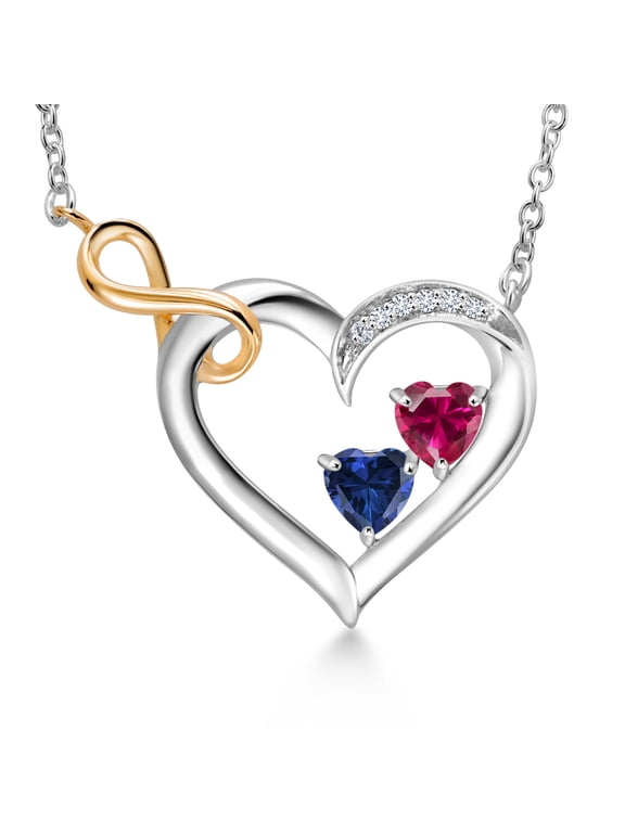 0.83 Cttw Infinity Heart Pendant Necklace for Women | Red Created Ruby Blue Created Sapphire and Lab Grown Diamond | 925 Silver and 10K Yellow Gold | Heart Shape 4MM | 18 inch Chain