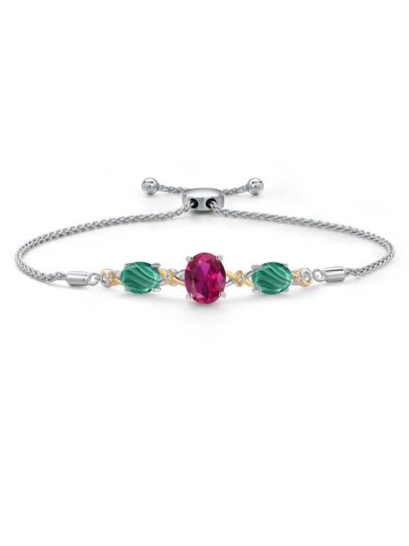 925 Silver & 10K Yellow Gold Red Created Ruby Green Malachite & Lab Grown Diamond Bracelet for Women | 7.06 Cttw | Gemstone July Birthstone | Oval 10X8MM and 8X6MM | Fully Adjustable 9 inch