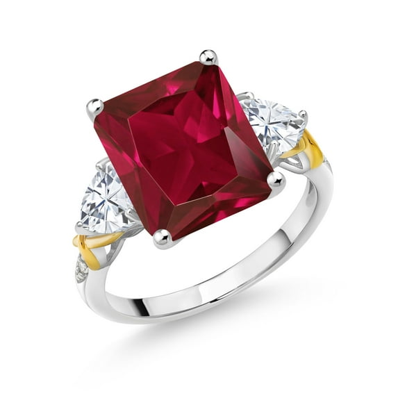 Gem Stone King 925 Silver and 10K Yellow Gold Red Created Ruby Moissanite and Diamond 3 Stone Ring for Women (6.66 Cttw, Gemstone July Birthstone, Emerald Cut 12X10MM, Size 9)