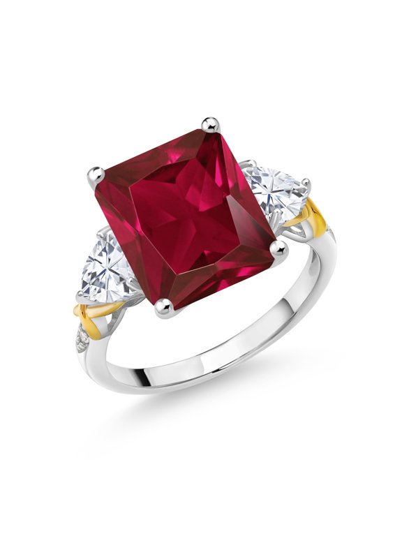 925 Silver and 10K Yellow Gold Red Created Ruby Moissanite and Diamond 3 Stone Ring for Women (6.66 Cttw, Gemstone July Birthstone, Emerald Cut 12X10MM, Size 6)