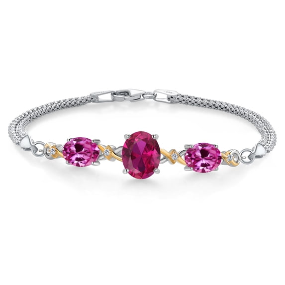 925 Silver and 10K Yellow Gold Red Created Ruby and Pink Created Sapphire and Lab Grown Diamond Bracelet for Women (6.36 Cttw, July Birthstone, Oval 10X8MM and 8X6MM, 6.5/7/7.5 inch, Made in Italy)