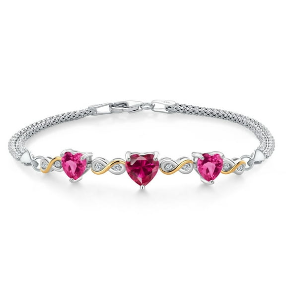 925 Silver and 10K Yellow Gold Red Created Ruby and Pink Created Sapphire and White Lab Grown Diamond Bracelet for Women (3.08 Cttw, July Birthstone, Heart 7MM and 6MM, 6.5/7/7.5 inch, Made in Italy)