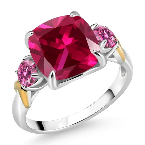 Gem Stone King 925 Silver and 10K Yellow Gold Red Created Ruby and Pink Moissanite 3 Stone Ring for Women (5.46 Cttw, Gemstone July Birthstone, Cushion 10MM, Round 4MM, Size 8)