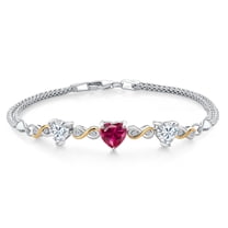 925 Silver and 10K Yellow Gold Red Created Ruby and White Moissanite and White Lab Grown Diamond Bracelet for Women (3.08 Cttw, July Birthstone, Heart 7MM and 6MM, 6.5/7/7.5 inch, Made in Italy)