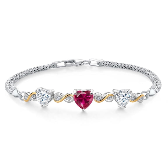 925 Silver and 10K Yellow Gold Red Created Ruby and White Moissanite and White Lab Grown Diamond Bracelet for Women (3.08 Cttw, July Birthstone, Heart 7MM and 6MM, 6.5/7/7.5 inch, Made in Italy)