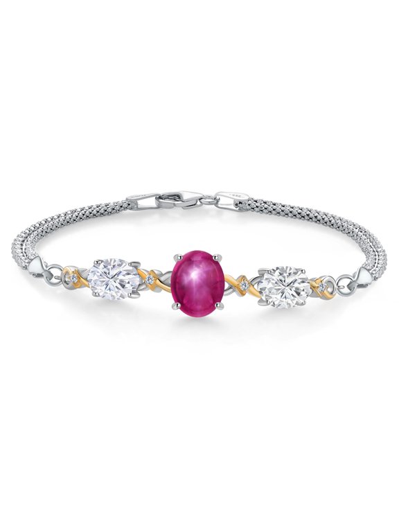 925 Silver and 10K Yellow Gold Red Created Star Ruby and Moissanite and Lab Grown Diamond Bracelet for Women (6.06 Cttw, September Birthstone, 10X8MM and 8X6MM, 6.5/7/7.5 inch, Made in Italy)