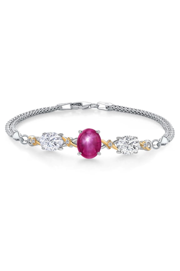 925 Silver and 10K Yellow Gold Red Created Star Ruby and Moissanite and Lab Grown Diamond Bracelet for Women (6.06 Cttw, September Birthstone, 10X8MM and 8X6MM, 6.5/7/7.5 inch, Made in Italy)