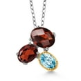thumbnail image 1 of 925 Silver and 10K Yellow Gold Red Garnet and Blue Zircon Pendant Necklace for Women (3.18 Cttw, Oval Checkerboard 8X6MM, 7X5MM and 6X4MM, Gemstone January Birthstone, with 18 inch Chain), 1 of 4