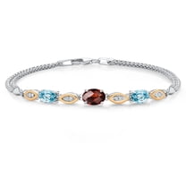 925 Silver and 10K Yellow Gold Red Garnet and Blue Zircon and White Lab Grown Diamond Bracelet for Women (2.36 Cttw, Gemstone January Birthstone, Oval Checkerboard, Wheat Chain, 6.5 inches)