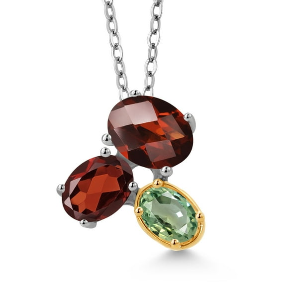 925 Silver and 10K Yellow Gold Red Garnet and Green Sapphire Pendant Necklace for Women (3.08 Cttw, Oval Checkerboard 8X6MM, 7X5MM and 6X4MM, Gemstone January Birthstone, with 18 inch Chain)