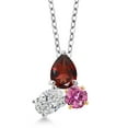 thumbnail image 1 of 925 Silver and 10K Yellow Gold Red Garnet and Lab Grown Diamond and Pink Moissanite 3 Stone Pendant Necklace for Women | 2.51 Cttw | Pear Shape 8X6MM | Oval 7X5MM | Round 5MM | with 18 inch Chain, 1 of 4