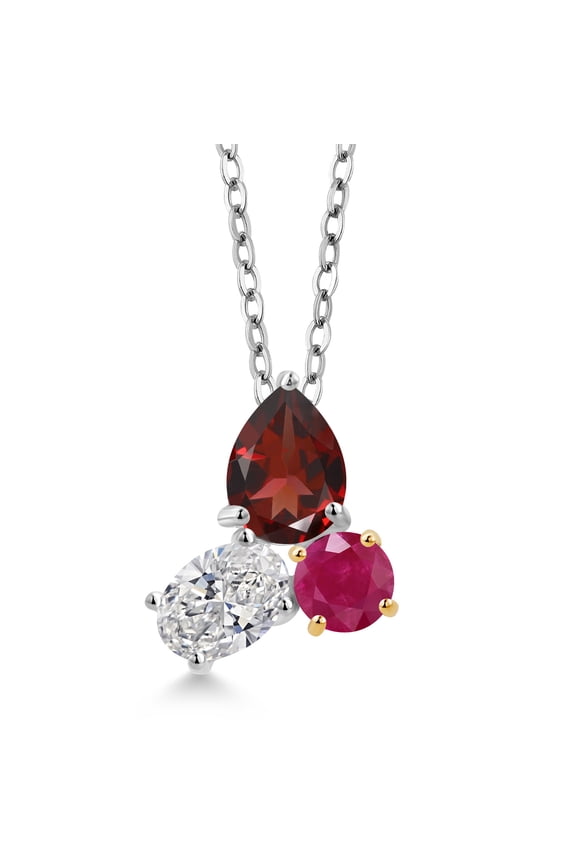 925 Silver and 10K Yellow Gold Red Garnet and Lab Grown Diamond and Red Ruby 3 Stone Pendant Necklace for Women | 2.56 Cttw | Pear Shape 8X6MM | Oval 7X5MM | Round 5MM | with 18 inch Chain