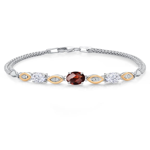 925 Silver and 10K Yellow Gold Red Garnet and White Moissanite and White Lab Grown Diamond Bracelet for Women (2.06 Cttw, Gemstone January Birthstone, Oval Checkerboard, Wheat Chain, 7.5 inches)