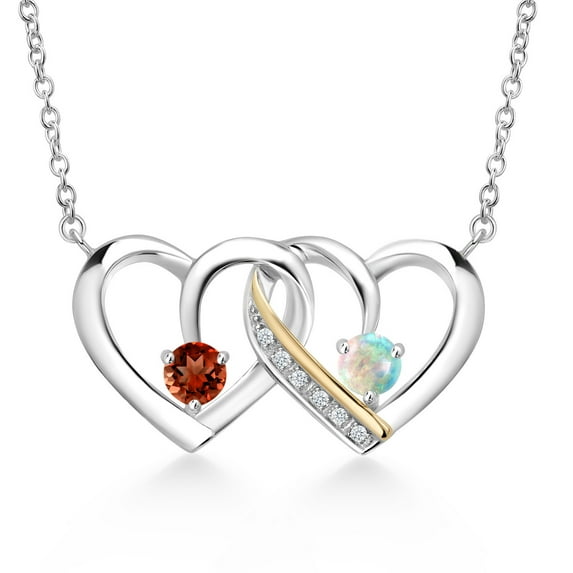 925 Silver and 10K Yellow Gold Red Garnet and Simulated White Opal and Lab Grown Diamond Necklace Necklace for Women | 0.65 Cttw | Gemstone January Birthstone | Round 4MM | With 18 inch Chain