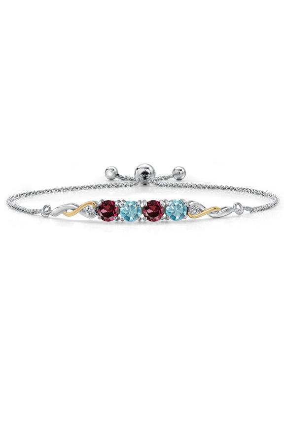 925 Silver and 10K Yellow Gold Red Rhodolite Garnet and Blue Zircon and White Lab Grown Diamond Bracelet for Women | 2.92 Cttw | Gemstone January Birthstone | Round 5MM | Fully Adjustable 9 inch