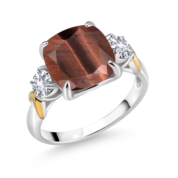 Gem Stone King 925 Silver and 10K Yellow Gold Red Tiger Eye and White Created Sapphire 3 Stone Ring for Women (4.00 Cttw, Gemstone Birthstone, Cushion 10MM, Round 4MM, Size 9)