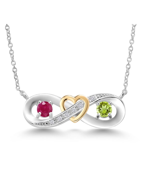 925 Silver and 10K Yellow Gold Round Red Ruby Green Peridot and White Lab Grown Diamond Two-Tone Heart Interlocking Infinity Symbol Pendant Necklace for Women (0.71 Cttw, with 18 inch Chain)