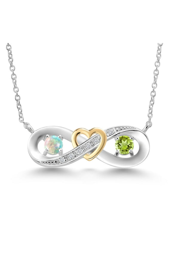 925 Silver and 10K Yellow Gold Round White Simulated Opal Green Peridot and Lab Grown Diamond Two-Tone Heart Interlocking Infinity Symbol Pendant Necklace for Women (0.61 Cttw, with 18 inch Chain)