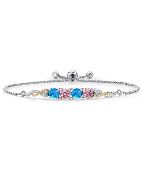 925 Silver and 10K Yellow Gold Simulated Blue Opal, Pink and White Lab Grown Diamond Bracelet for Women | 2.02 Cttw | Gemstone October Birthstone | Round Cabochon 5MM | Fully Adjustable 9"