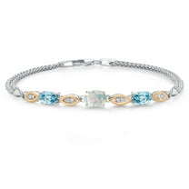 925 Silver and 10K Yellow Gold Simulated White Opal and Blue Zircon and White Lab Grown Diamond Bracelet for Women (2.36 Cttw, Gemstone October Birthstone, Oval Cabochon, Wheat Chain, 7 inches)