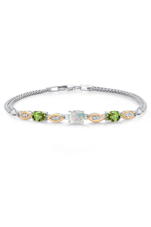 925 Silver and 10K Yellow Gold Simulated White Opal and Green Peridot and White Lab Grown Diamond Bracelet for Women (2.06 Cttw, Gemstone October Birthstone, Oval Cabochon, Wheat Chain, 7 inches)